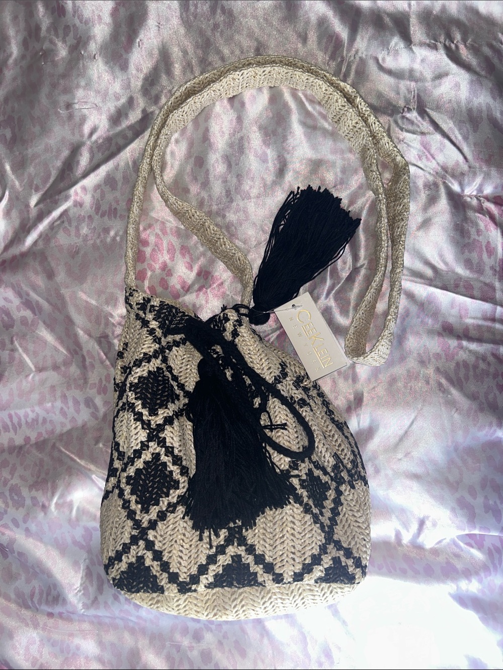 Black & Cream Woven Diamond Tassel Crossbody Bag